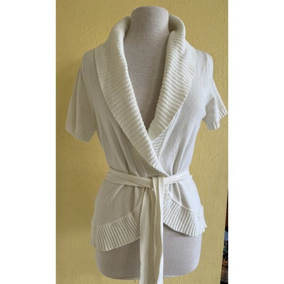 BCBG MAX AZRIA Short Sleeve Summer Spring Knit Cardigan Sweater Top Size M Ivory - Picture 1 of 9
